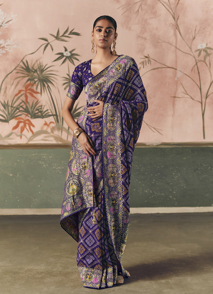 Purple Khadi Georgette With Designer Weaving Work & Beautiful Tassels Bandhani Saree