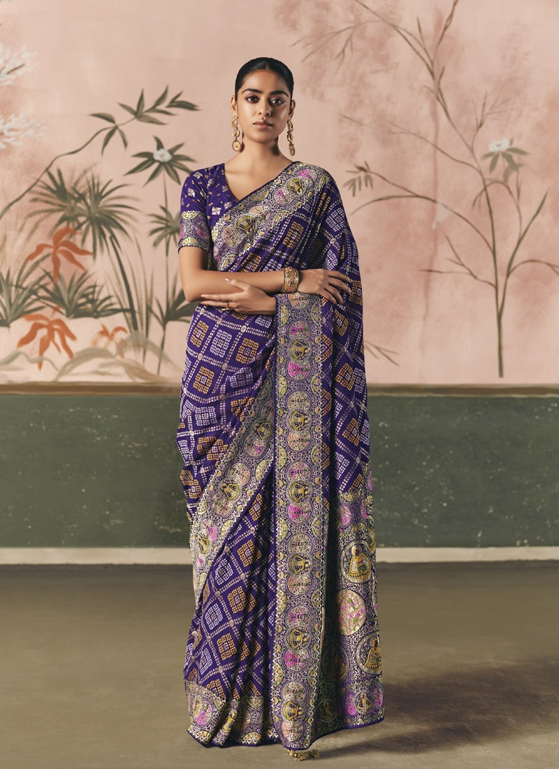 Purple Khadi Georgette With Designer Weaving Work & Beautiful Tassels Bandhani Saree
