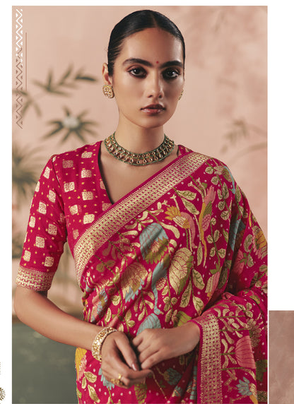 Red Khadi Georgette With Designer Weaving Work & Beautiful Tassels Bandhani Saree