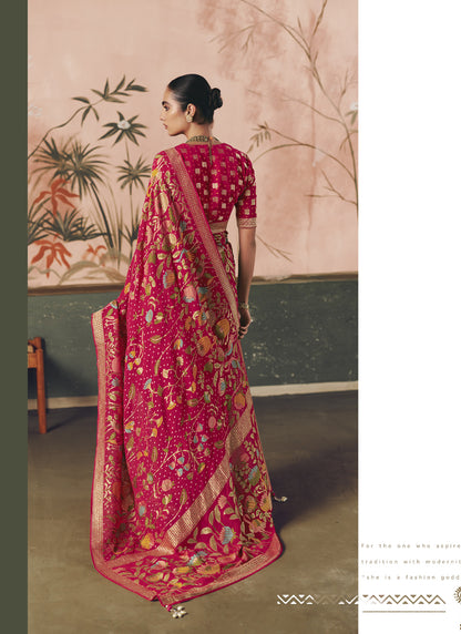 Red Khadi Georgette With Designer Weaving Work & Beautiful Tassels Bandhani Saree