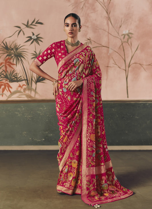 Red Khadi Georgette With Designer Weaving Work & Beautiful Tassels Bandhani Saree