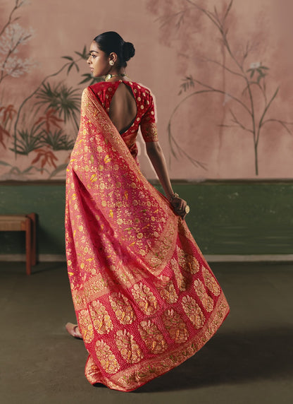 Red Khadi Georgette With Designer Weaving Work & Beautiful Tassels Bandhani Saree