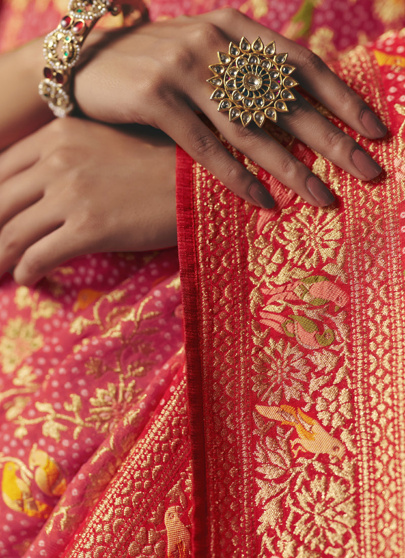 Red Khadi Georgette With Designer Weaving Work & Beautiful Tassels Bandhani Saree