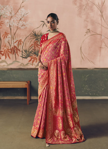 Red Khadi Georgette With Designer Weaving Work & Beautiful Tassels Bandhani Saree