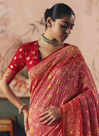 Red Khadi Georgette With Designer Weaving Work & Beautiful Tassels Bandhani Saree