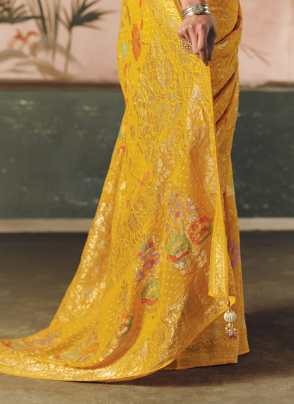 Yellow Khadi Georgette With Designer Weaving Work & Beautiful Tassels Bandhani Saree