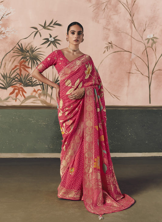 Crimson Khadi Georgette With Designer Weaving Work & Beautiful Tassels Bandhani Saree