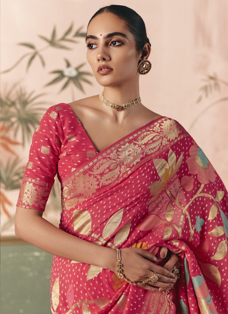 Crimson Khadi Georgette With Designer Weaving Work & Beautiful Tassels Bandhani Saree