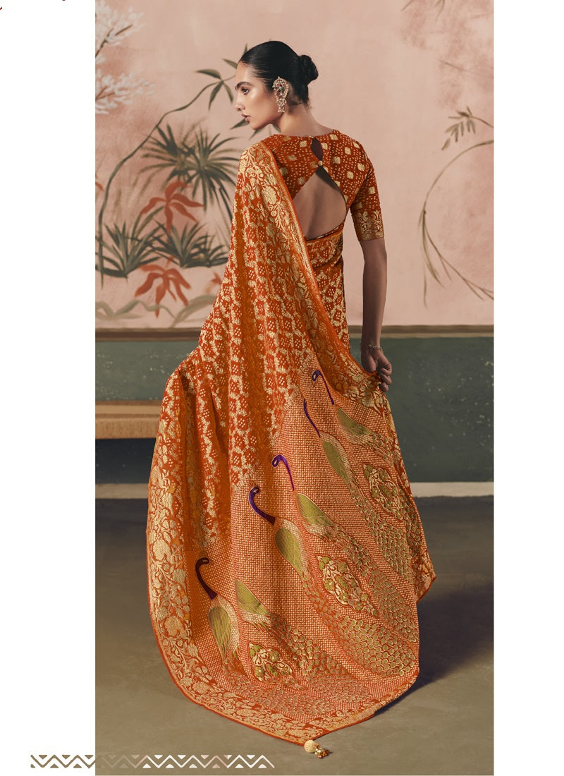 Orange Khadi Georgette With Designer Weaving Work & Beautiful Tassels Bandhani Saree