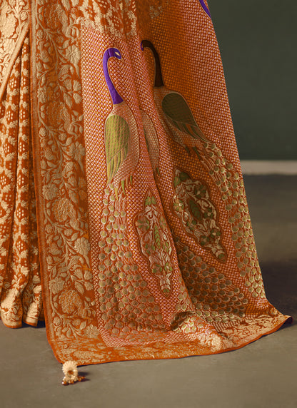 Orange Khadi Georgette With Designer Weaving Work & Beautiful Tassels Bandhani Saree