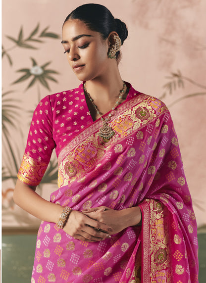 Pink Khadi Georgette With Designer Weaving Work & Beautiful Tassels Bandhani Saree
