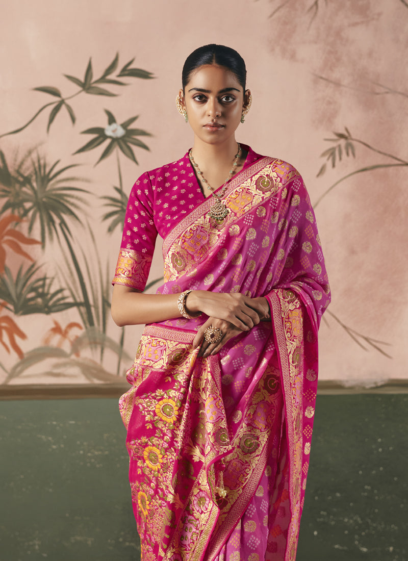 Pink Khadi Georgette With Designer Weaving Work & Beautiful Tassels Bandhani Saree