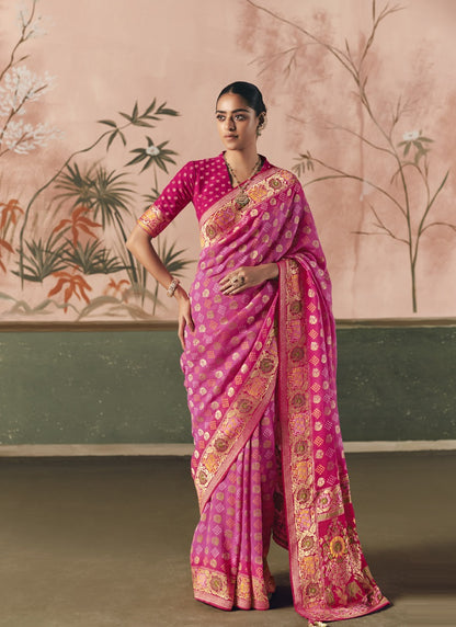 Pink Khadi Georgette With Designer Weaving Work & Beautiful Tassels Bandhani Saree