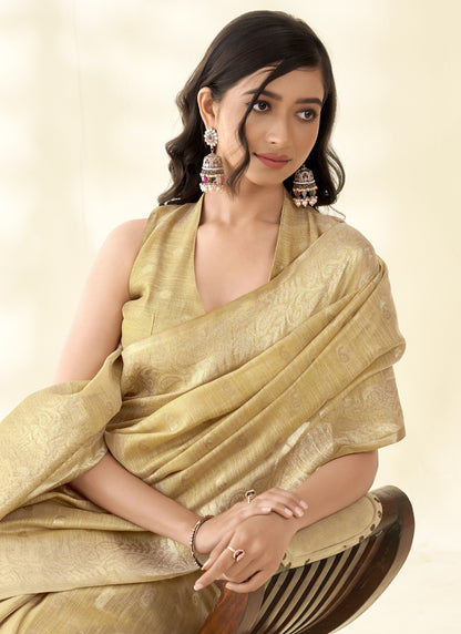 Olive Tissue Linen Zari Weaving Traditional Wear Saree