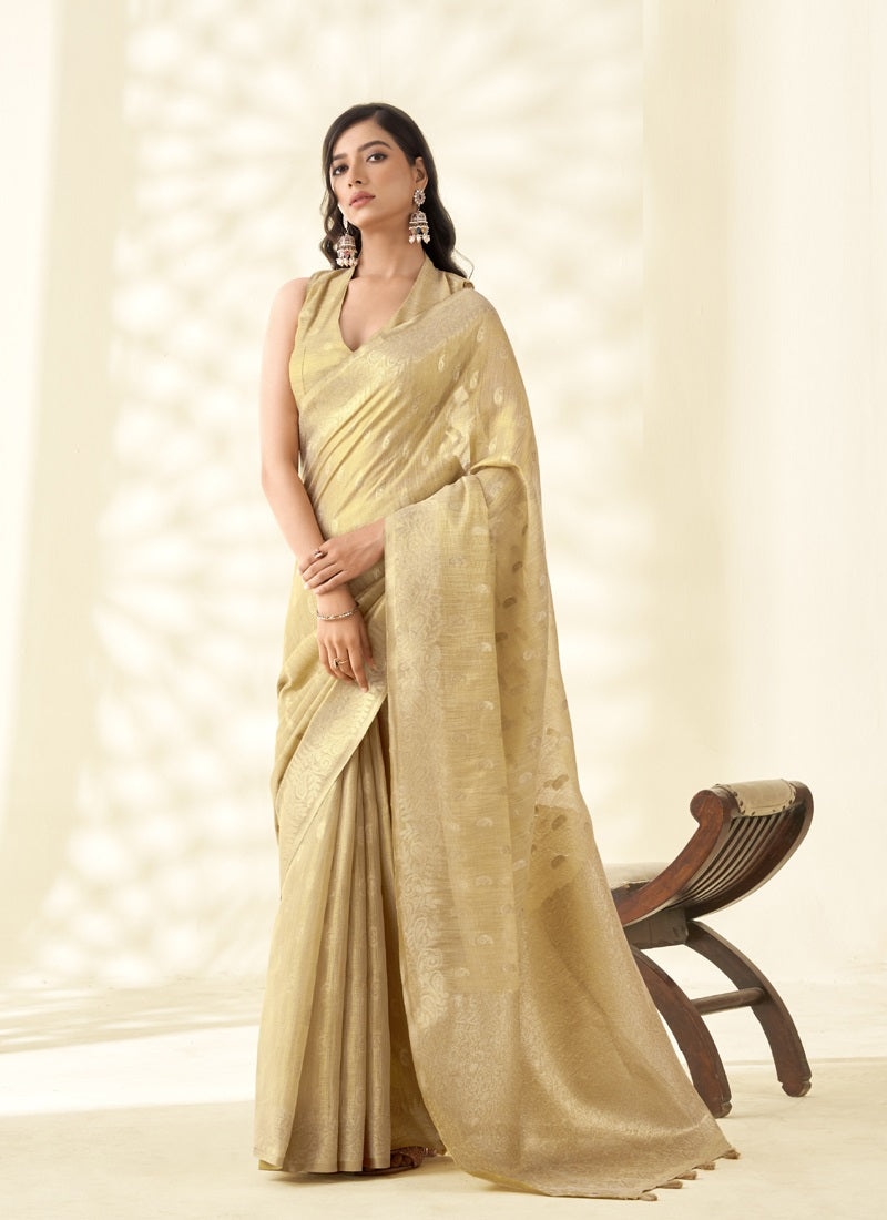 Olive Tissue Linen Zari Weaving Traditional Wear Saree