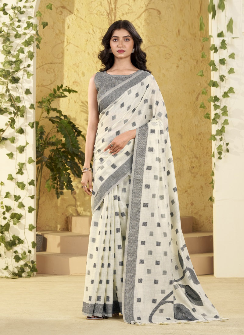 Linen Silk Saree with Rich Woven Border & Pallu