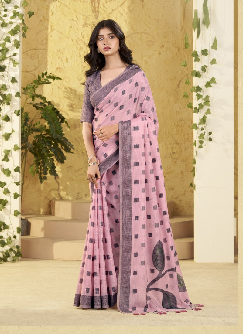Linen Silk Saree with Rich Woven Border & Pallu
