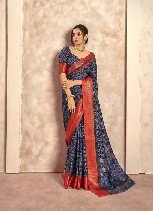 Navy Blue With Red Border Art Silk & Foil Print Casual Wear Saree
