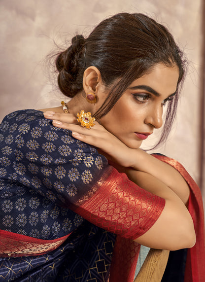 Navy Blue With Red Border Art Silk & Foil Print Casual Wear Saree