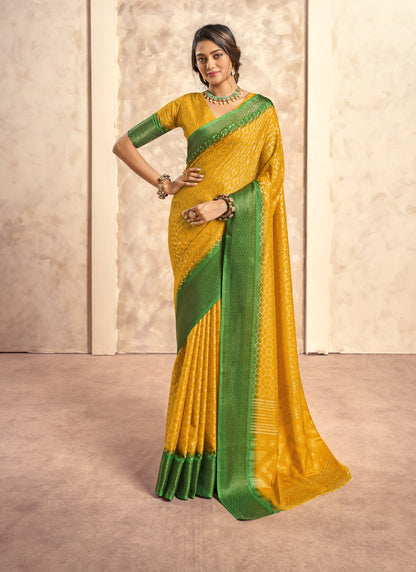 Mustard With Green Border Art Silk With Foil Print Casual Wear Saree