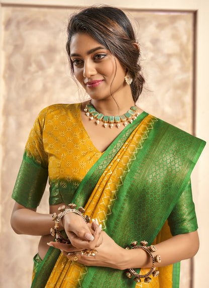 Mustard With Green Border Art Silk With Foil Print Casual Wear Saree