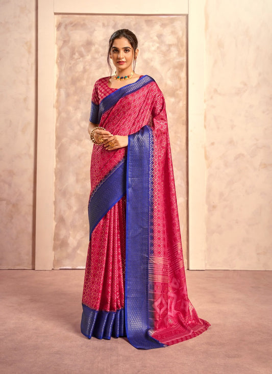 Navy Blue With Crimson Pink Border Art Silk With Foil Print Casual Wear Saree