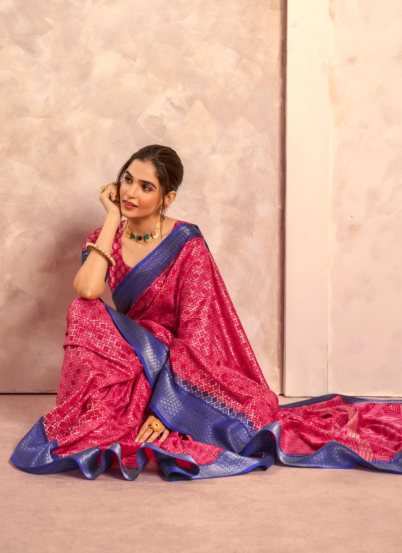 Navy Blue With Crimson Pink Border Art Silk With Foil Print Casual Wear Saree