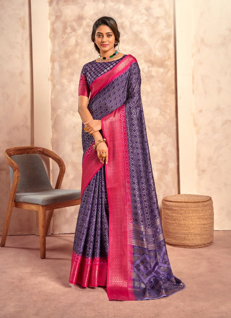 Plum With Rani Pink Border Art Silk With Foil Print Casual Wear Saree