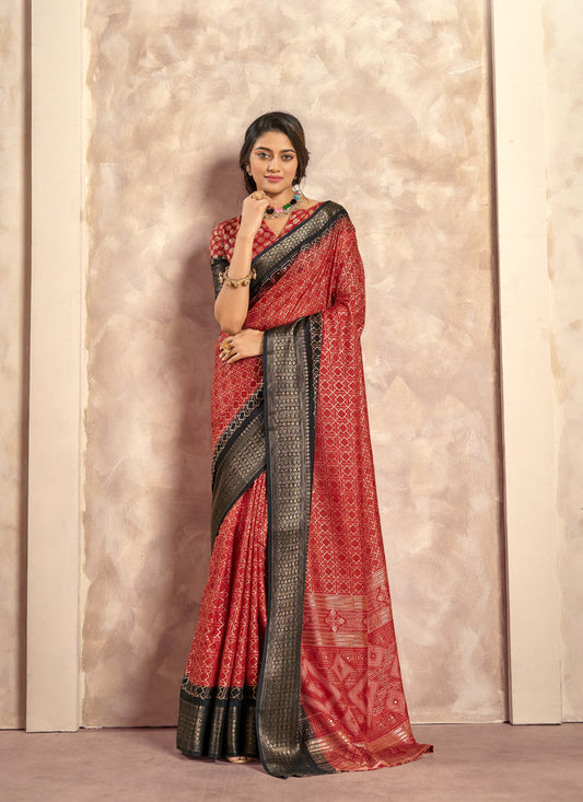 Red With Black Border Art Silk With Foil Print Casual Wear Saree