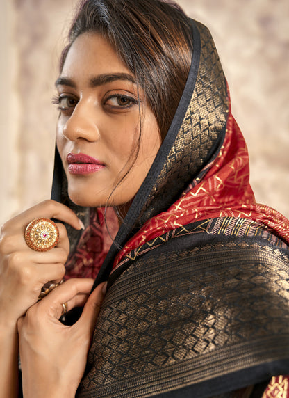 Red With Black Border Art Silk With Foil Print Casual Wear Saree