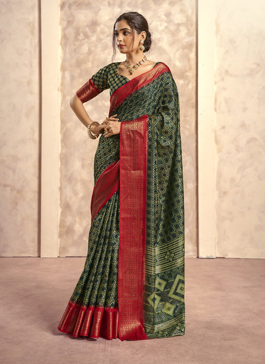 Red With Black Border Art Silk With Foil Print Casual Wear Saree