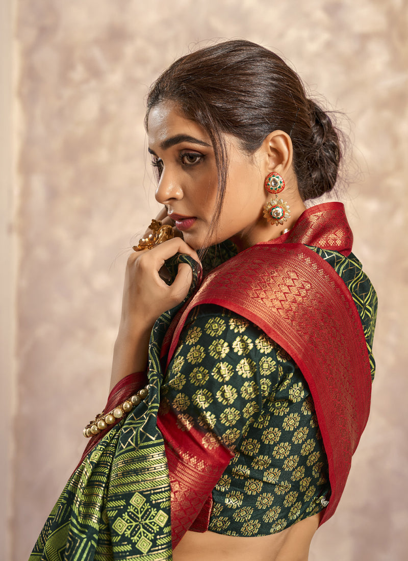Red With Black Border Art Silk With Foil Print Casual Wear Saree