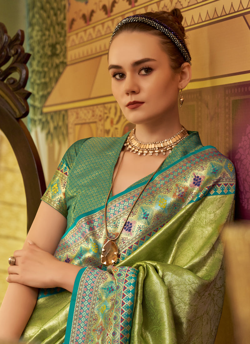 Pista Tissue Silk With Zari Weaving Festival Wear Saree