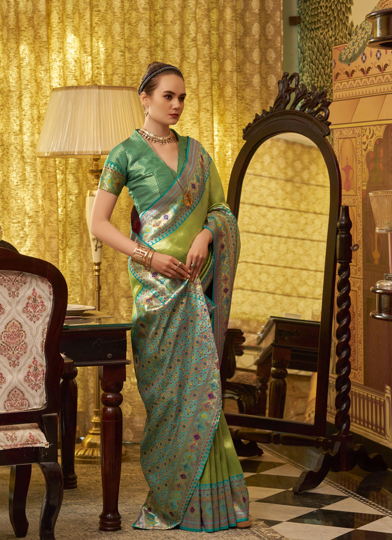 Pista Tissue Silk With Zari Weaving Festival Wear Saree