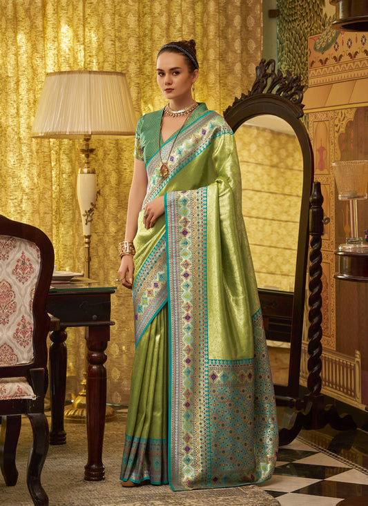 Pista Tissue Silk With Zari Weaving Festival Wear Saree