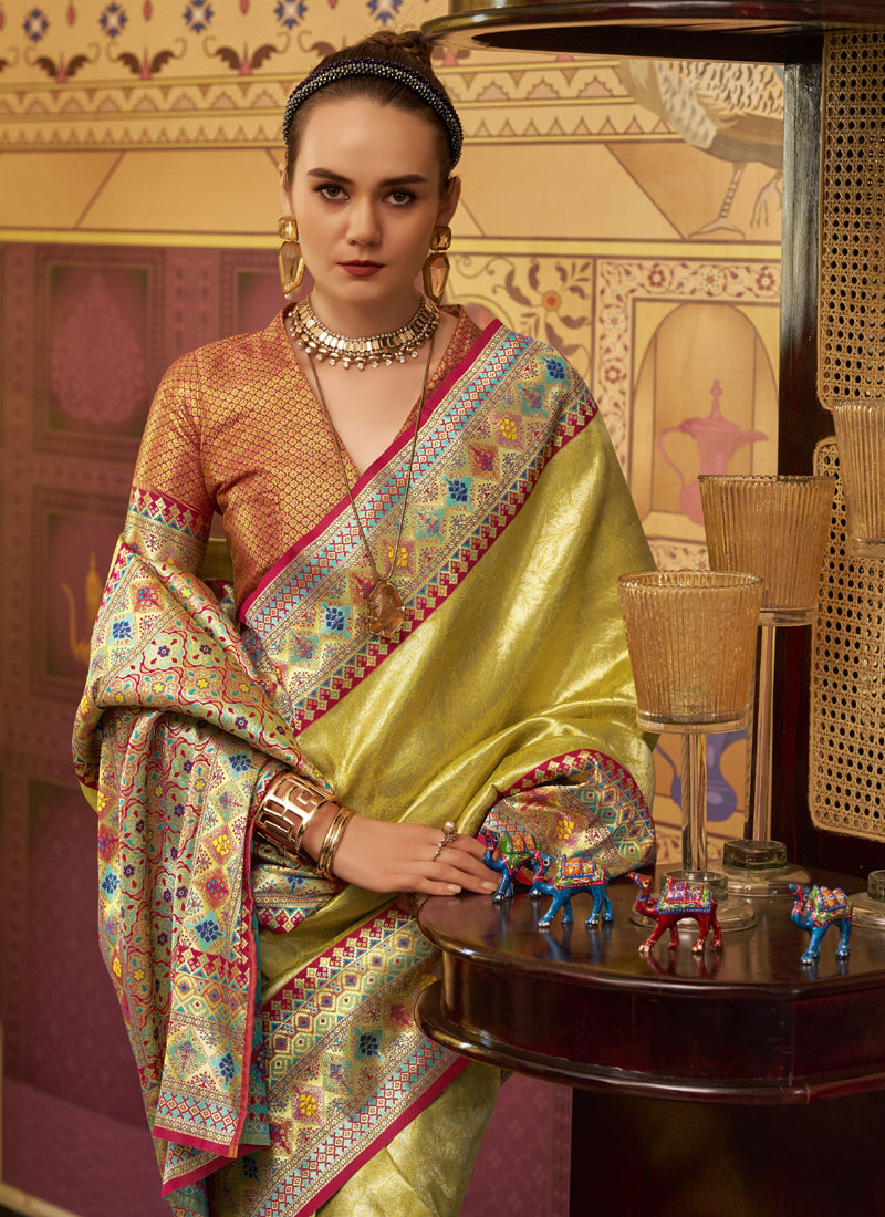 Lemon Tissue Silk With Zari Weaving Festival Wear Saree