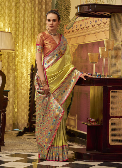 Lemon Tissue Silk With Zari Weaving Festival Wear Saree