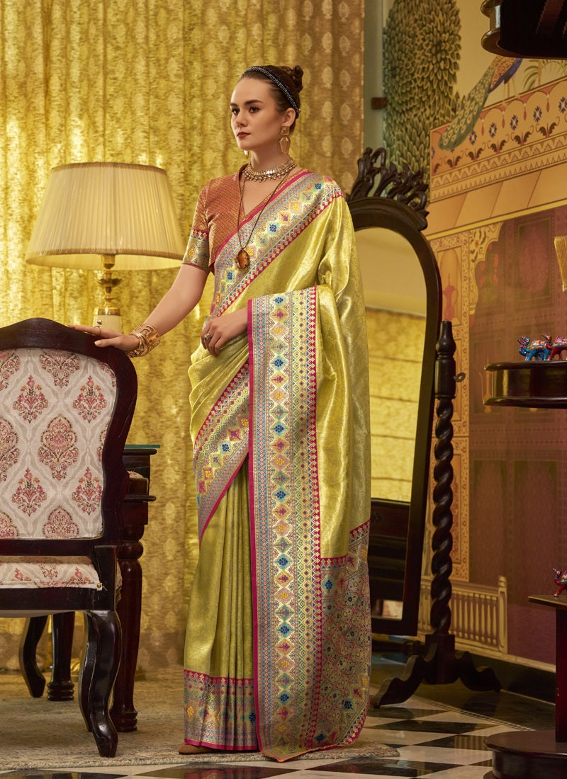 Lemon Tissue Silk With Zari Weaving Festival Wear Saree