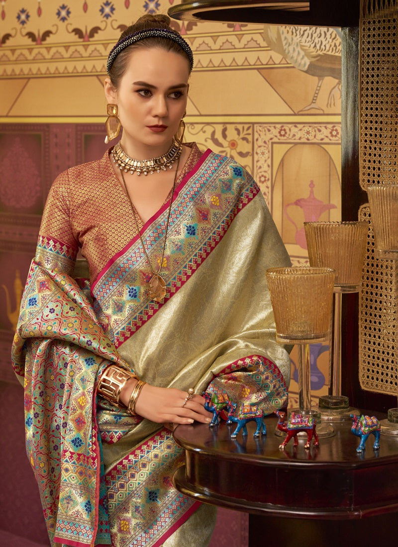 Cream Tissue Silk With Zari Weaving Festival Wear Saree