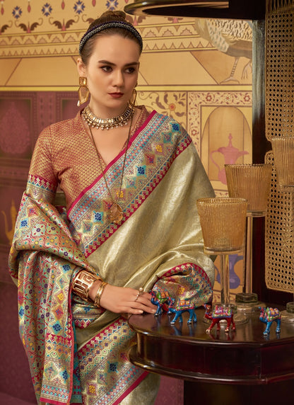 Cream Tissue Silk With Zari Weaving Festival Wear Saree