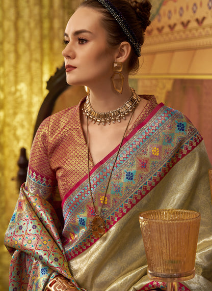 Cream Tissue Silk With Zari Weaving Festival Wear Saree