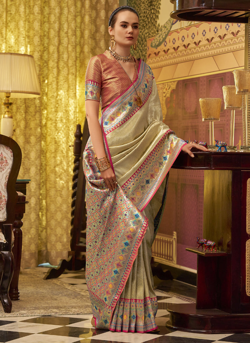 Cream Tissue Silk With Zari Weaving Festival Wear Saree