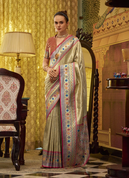 Cream Tissue Silk With Zari Weaving Festival Wear Saree