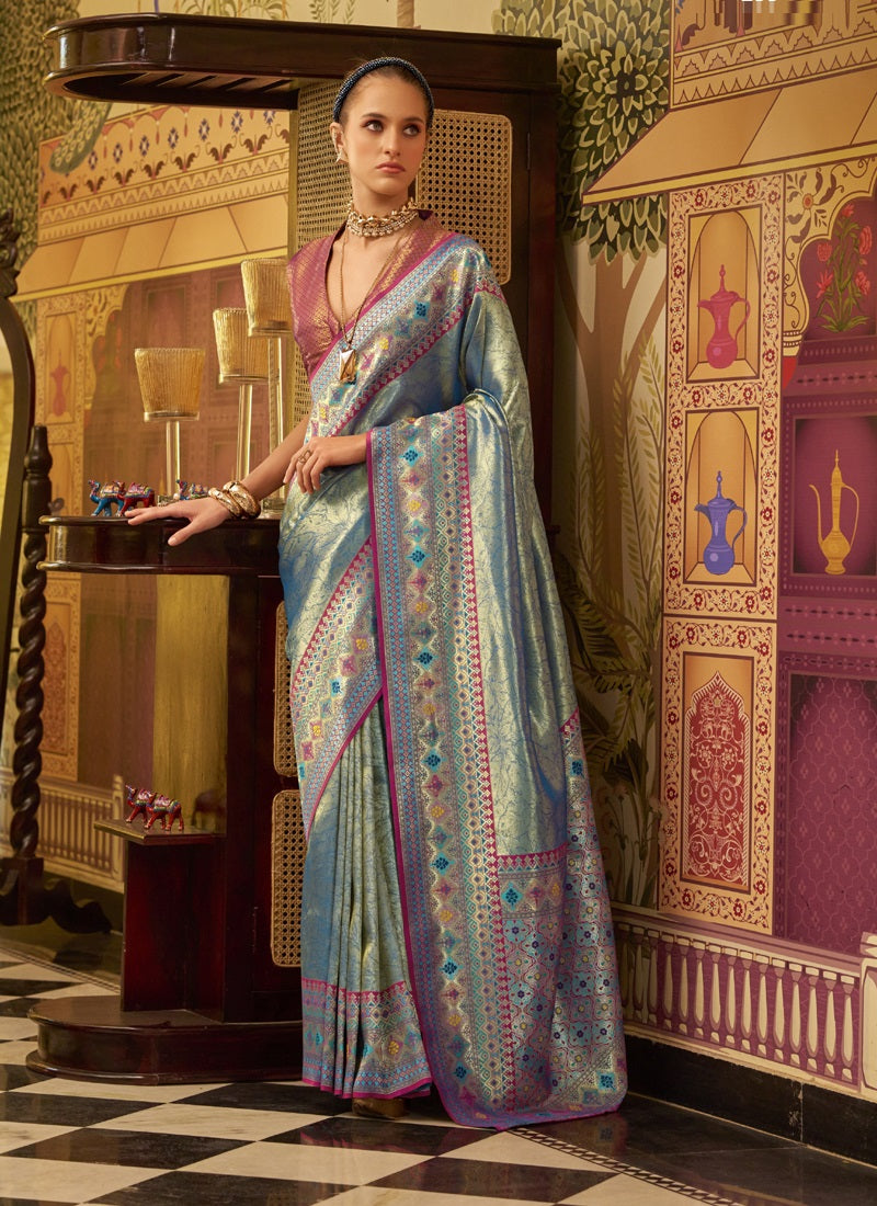 Sky Blue Tissue Silk With Zari Weaving Festival Wear Saree