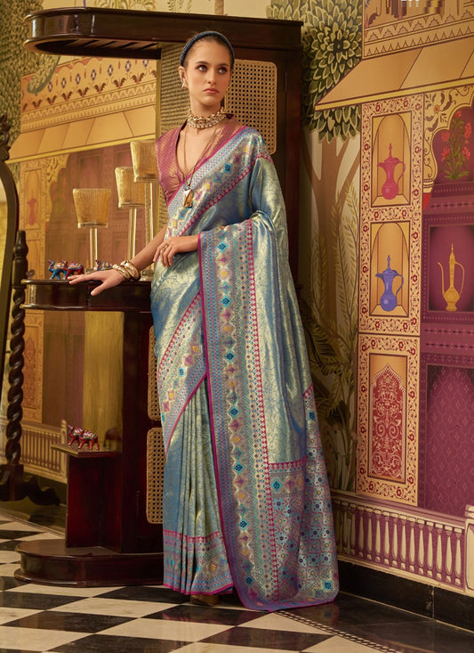 Sky Blue Tissue Silk With Zari Weaving Festival Wear Saree