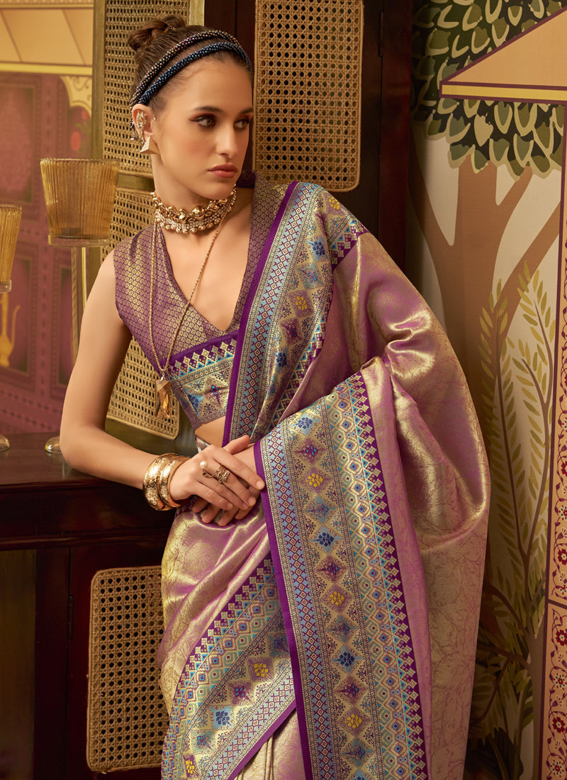 Peach Tissue Silk With Zari Weaving Festival Wear Saree