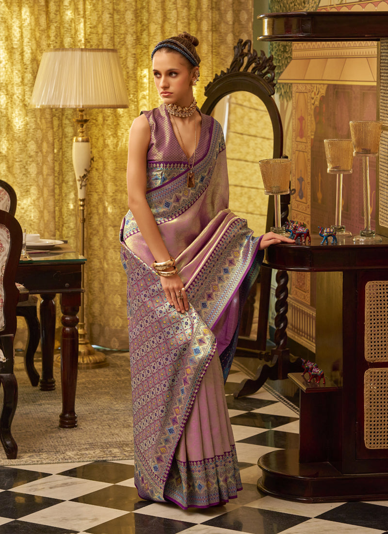 Peach Tissue Silk With Zari Weaving Festival Wear Saree