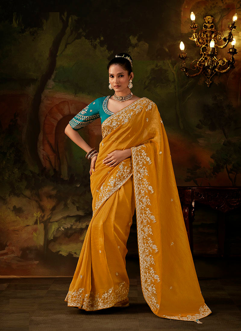 Viscose Zari Tissue Heavy Embroidery Sequence Work Designer  Saree