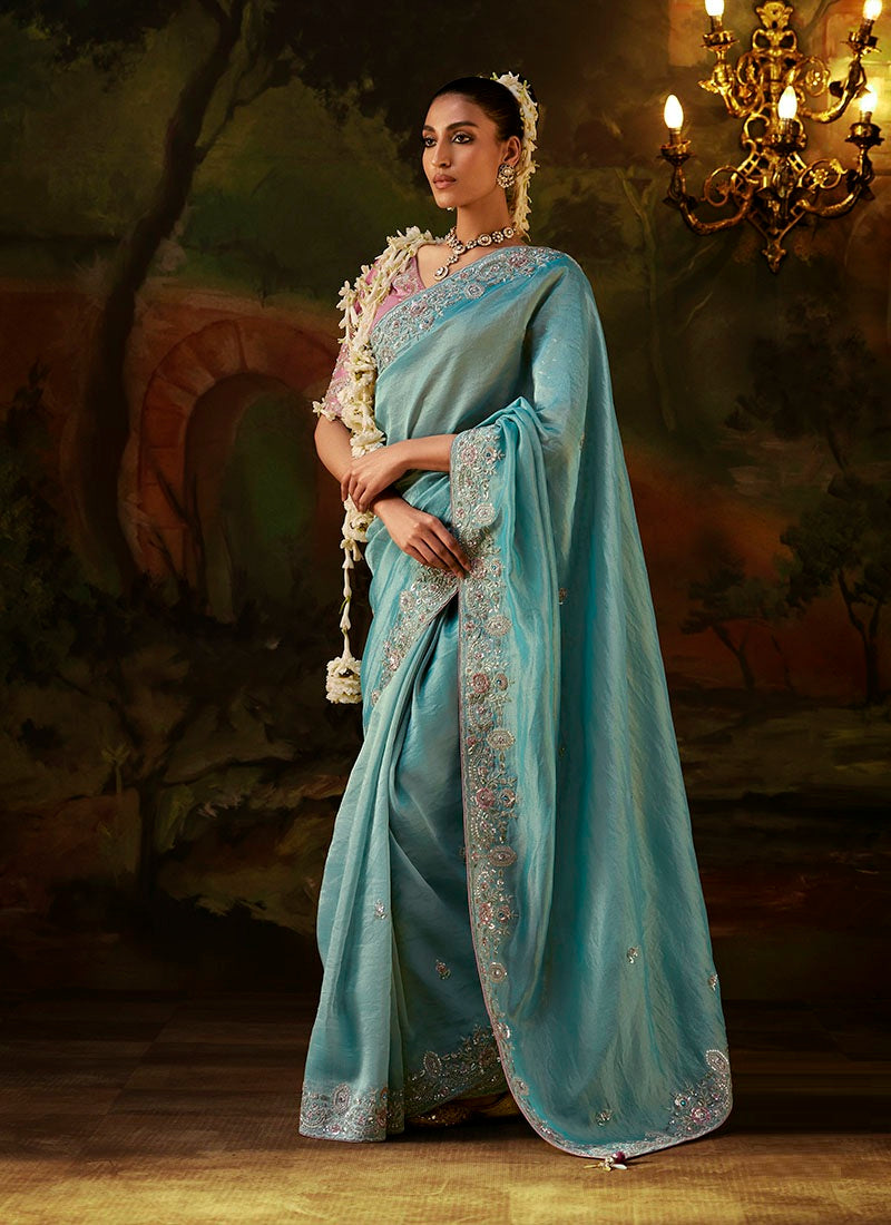 Viscose Zari Tissue Heavy Embroidery Sequence Work Designer  Saree