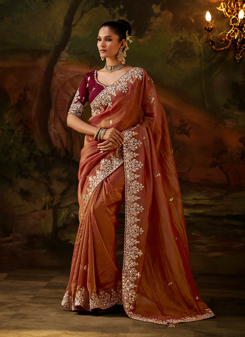 Viscose Zari Tissue Heavy Embroidery Sequence Work Designer  Saree
